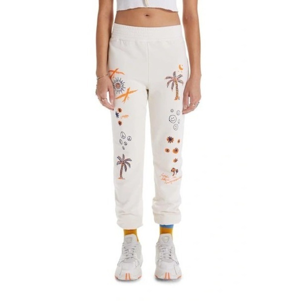 Mother Womens Cream Graphic Cotton Lounge Sweatpants Palm Tree Smiley Cozy Small